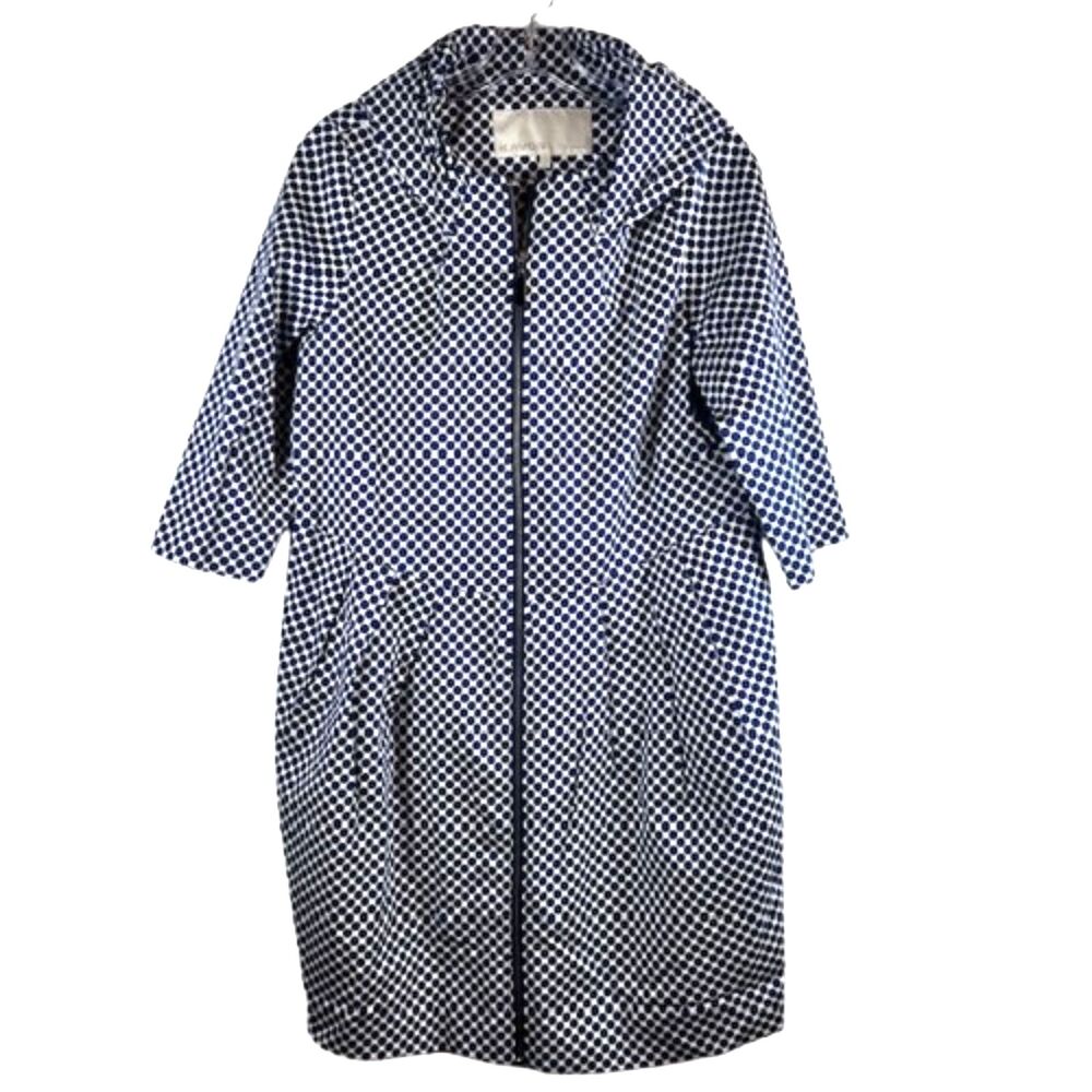 Kavon XL Blue White Polka Dot Full Zip Hooded Trench Coat Rain Jacket Mid Length